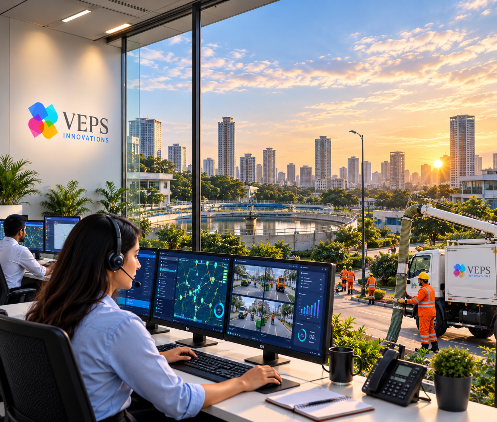 VEPS Innovations — command centre operations, municipal sanitation and solar infrastructure teams